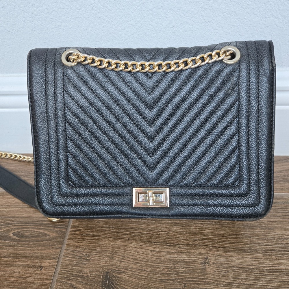 Unbranded Crossbody Purse Womens Medium Black Textured Gold Chain Strap